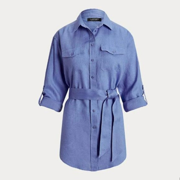 LAUREN RALPH LAUREN Relaxed Fit Belted Linen Shirt Copen Blue XS - Picture 1 of 13